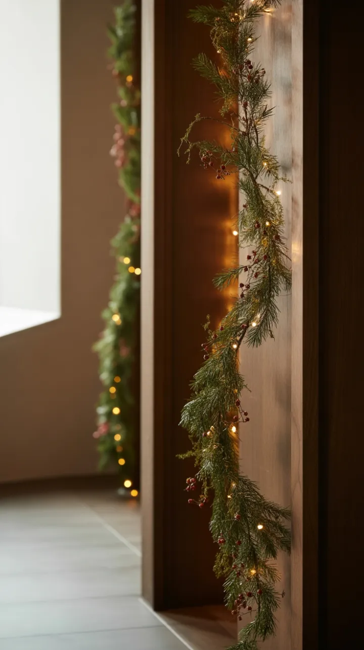 Sunlit Hallway Adorned with a Minimal Pine Garland and Gold Accents