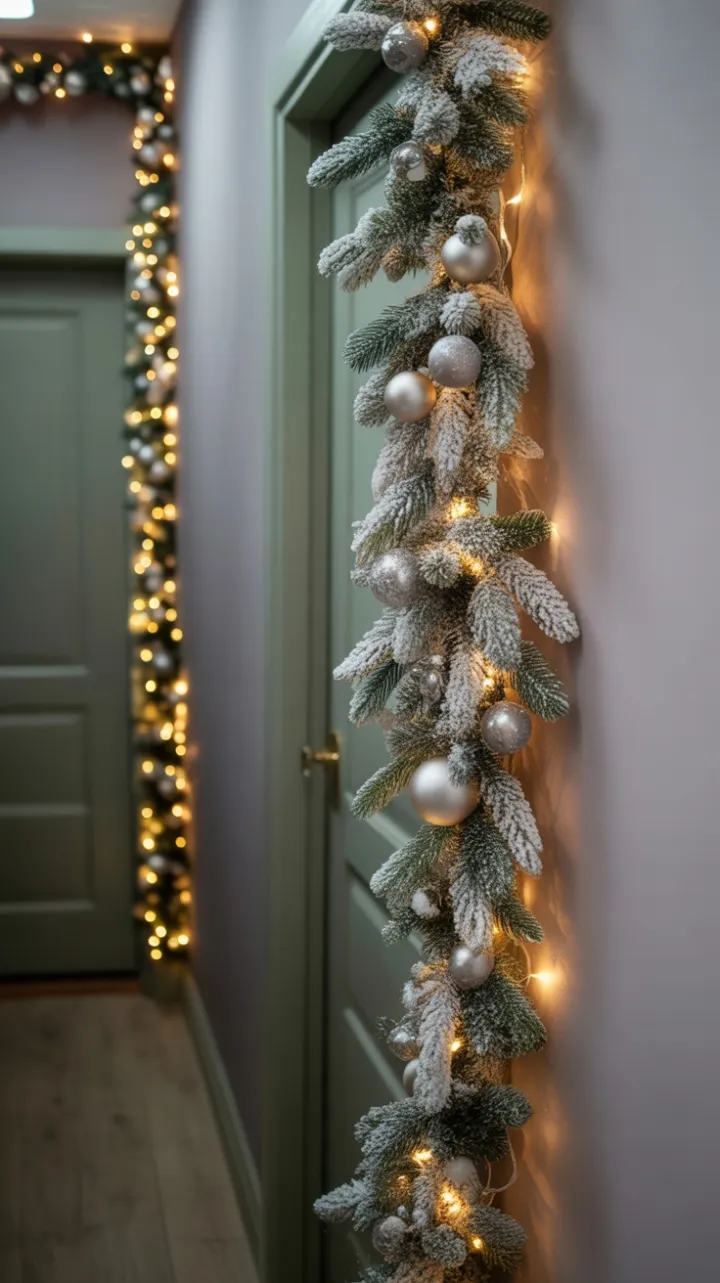 Vertical Frosted Garland Guiding a Cozy Holiday Hallway