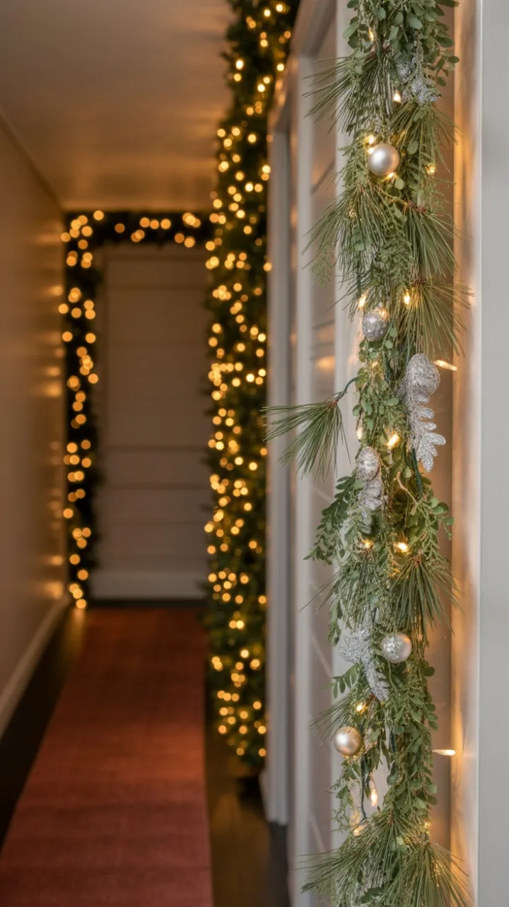 Twinkling Vertical Garland and Warm Lights Transform a Cozy Narrow Hallway