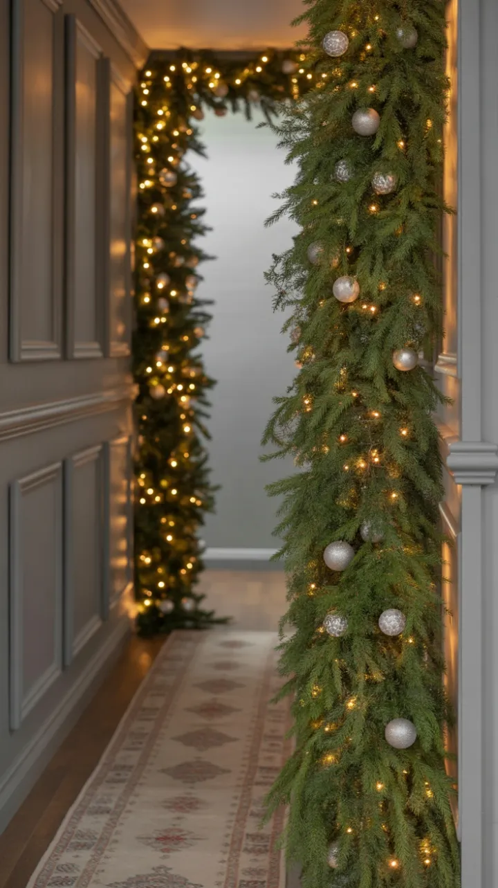 Serene Holiday Hallway Dressed in Pine Garland and Warm Light