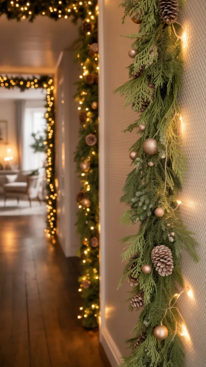 Vertical Evergreen Garland Casting a Warm Holiday Glow