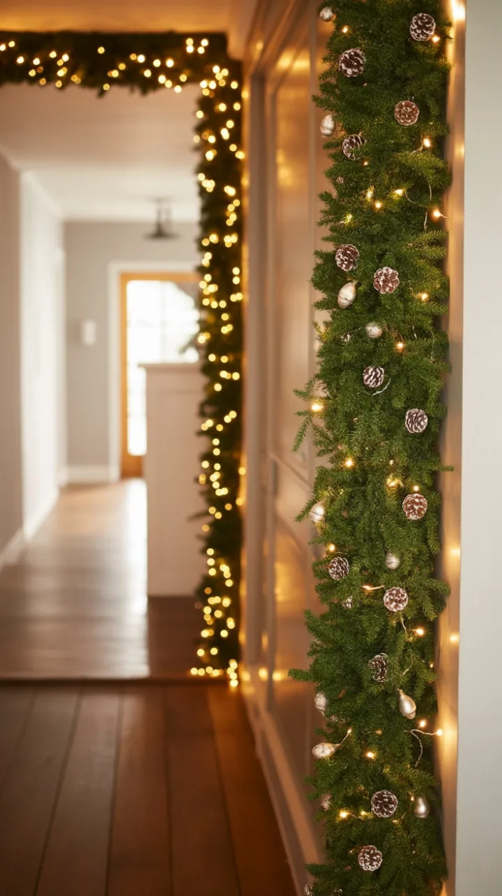 Cascading Holiday Garland Illuminates Cozy Hallway
