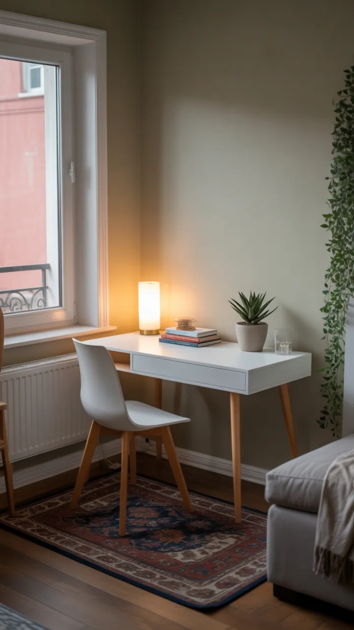 Sunlit Minimalist Desk with Cozy Warmth