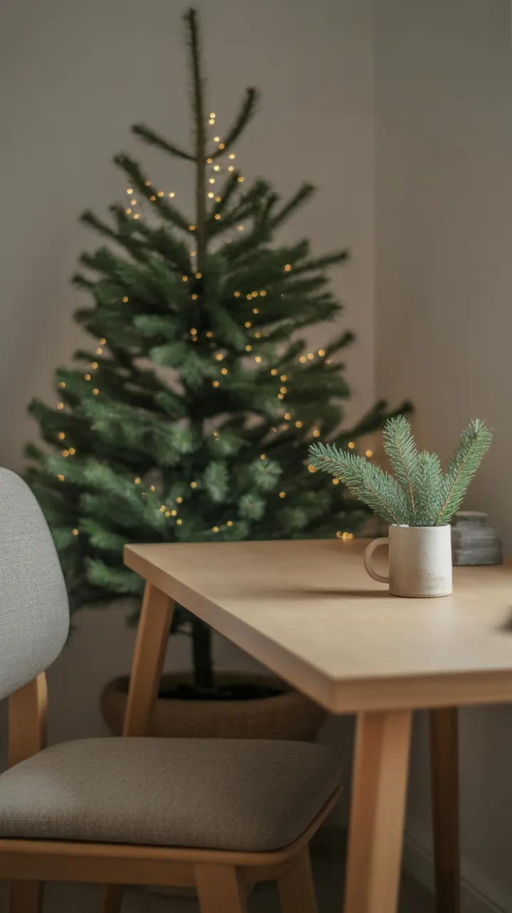 Serene Minimalist Holiday Desk Dressed in Gold and Evergreens