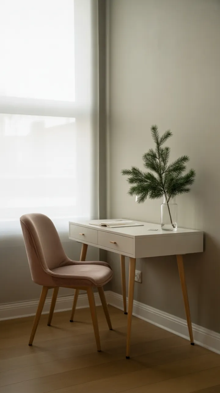 Serene Blush Home Office Nook with Evergreen Accent
