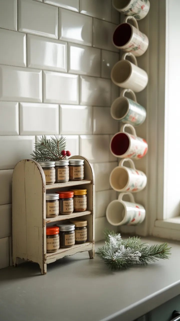 Compact Christmas Kitchen with Antique Spice Rack and Festive Mugs