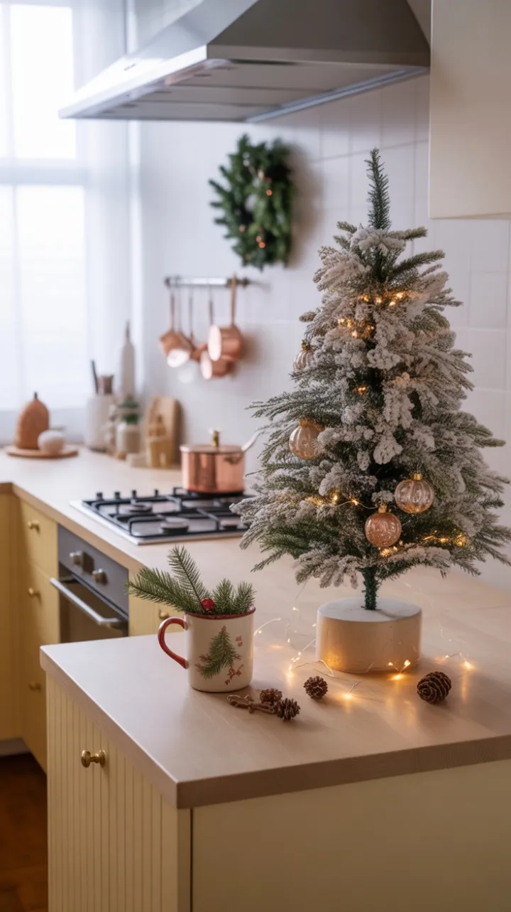 Flocked Mini Tree and Copper Details Bring Quiet Holiday Joy to a Compact Kitchen