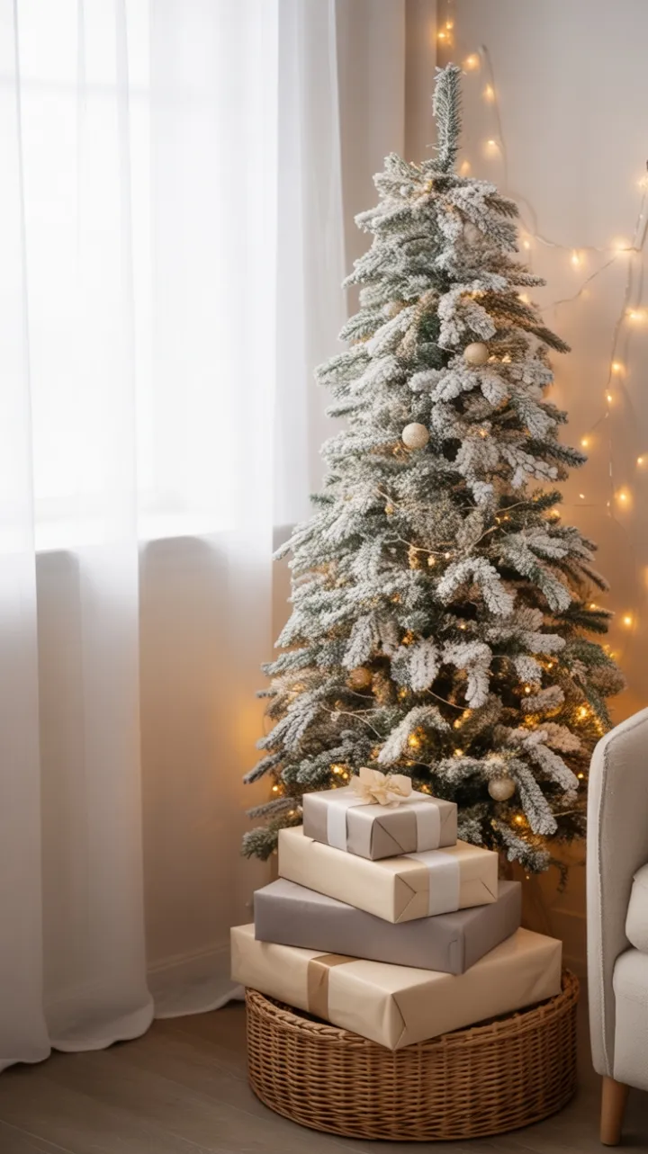 Serene Small-Space Christmas with Snow-Flocked Tree and Golden Accents