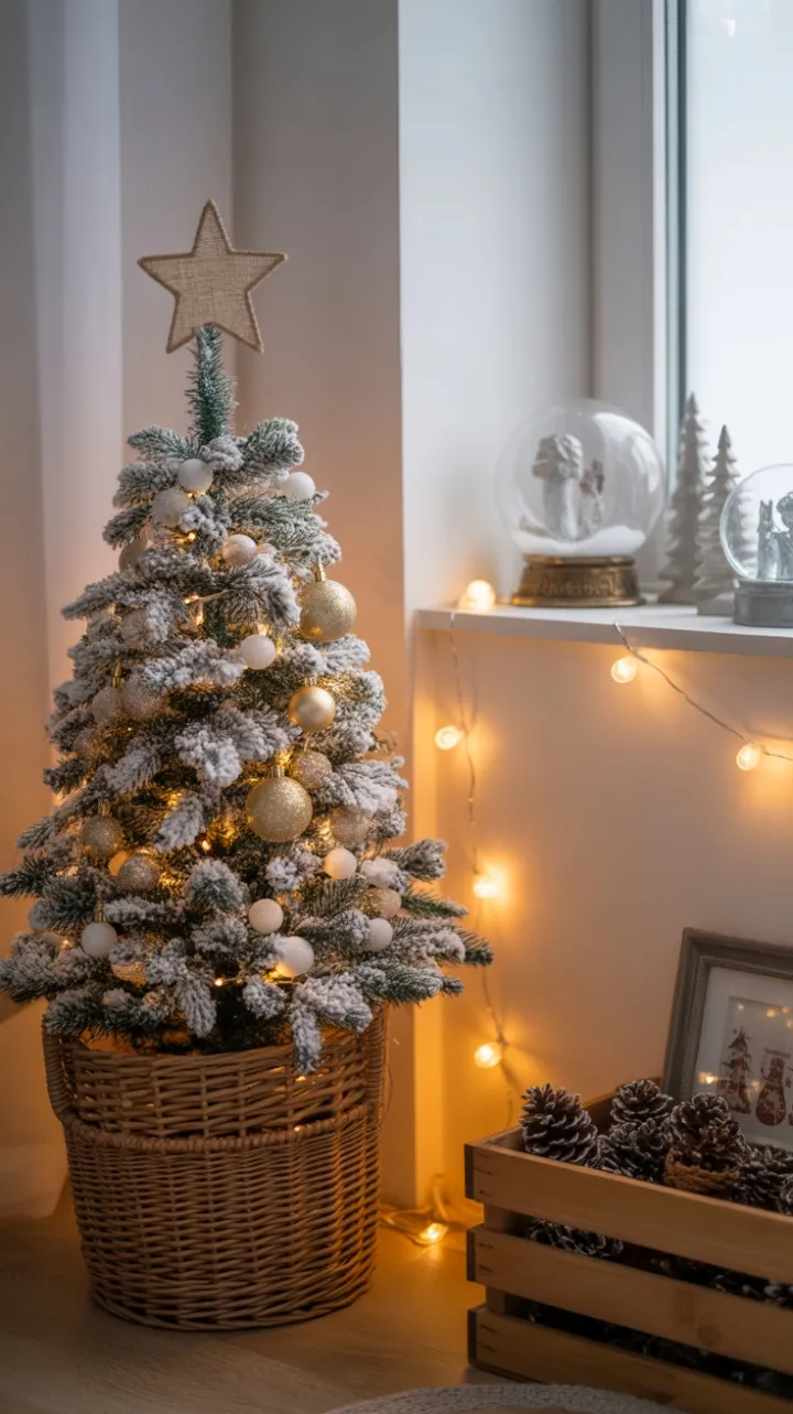 Minimalist Holiday Nook Glow with Flocked Tree and Antique Snow Globes