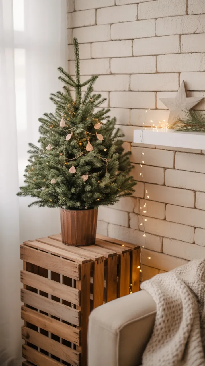 Warmth on a Crate Miniature Tree and Quiet Holiday Glow