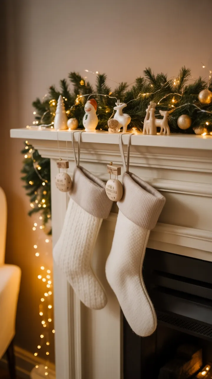 Muted Elegance Mantel with Golden Lights and Cozy Cream Stockings