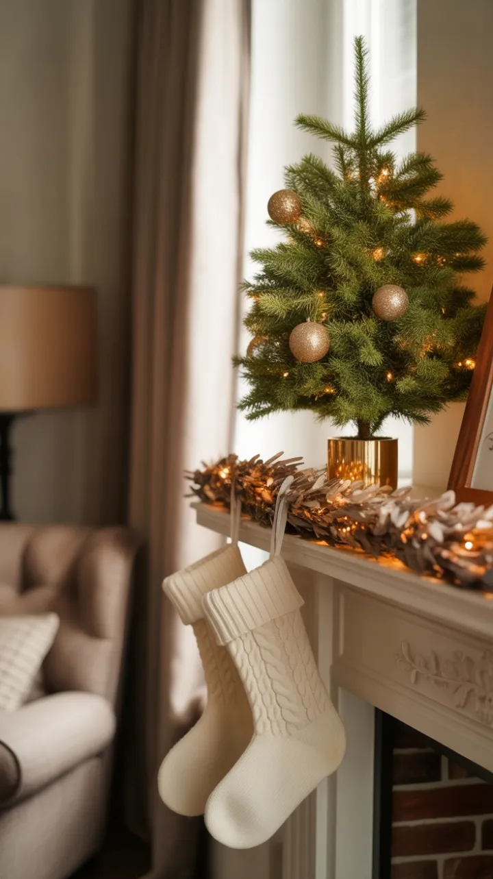 Cozy Mantel with Knit Stockings and Golden Evergreens
