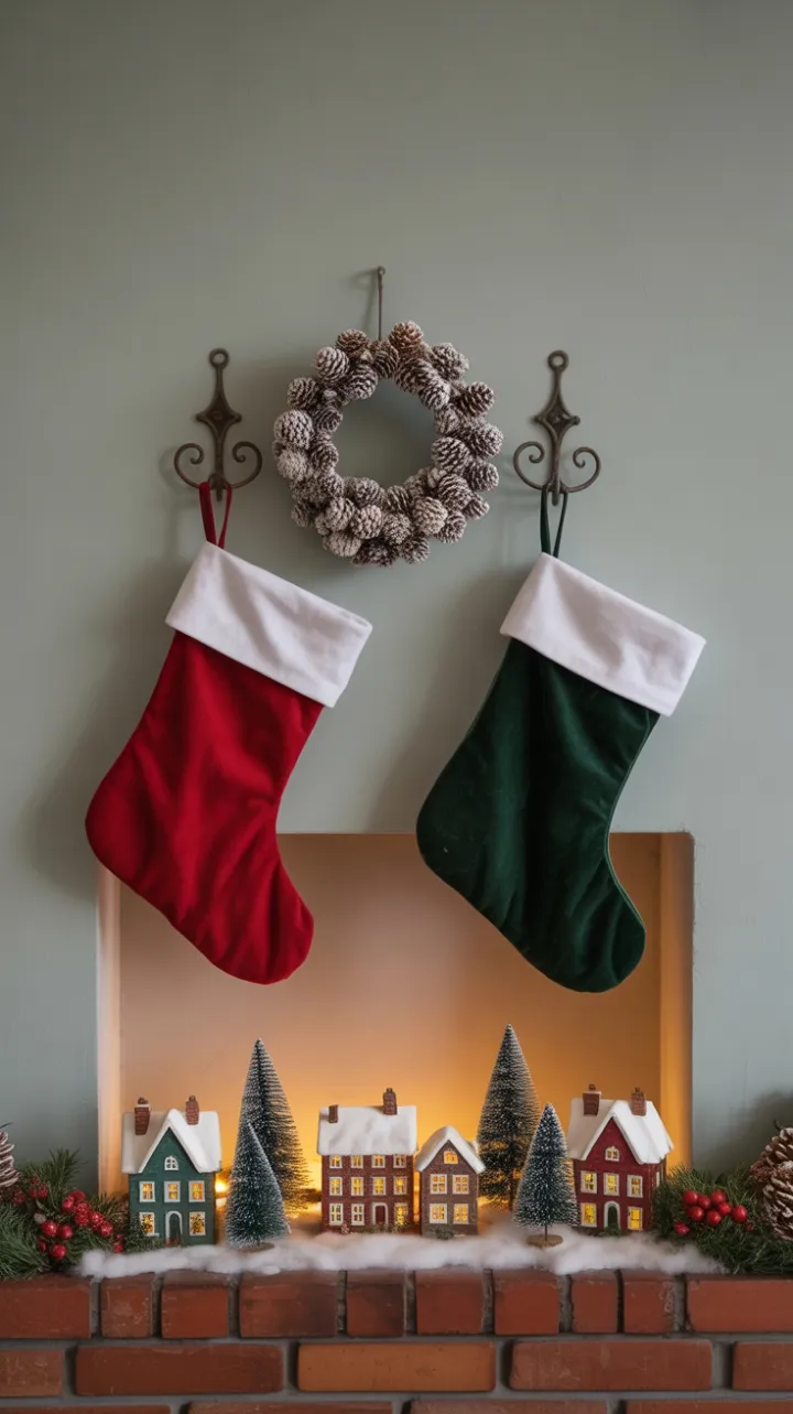 Snow-Dusted Village and Velvet Stockings Warm a Pale Gray Mantel