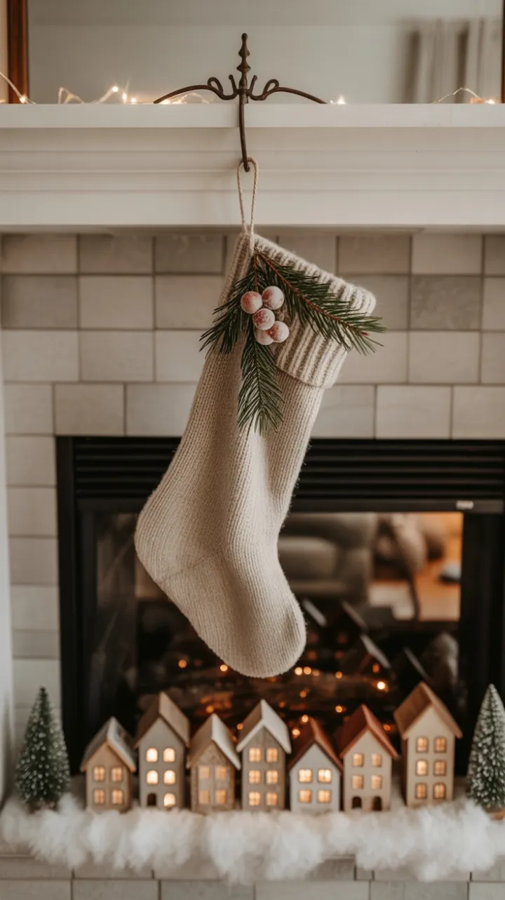Hearthside Minimalism with a Cozy Beige Stocking and Frosted Village Glow