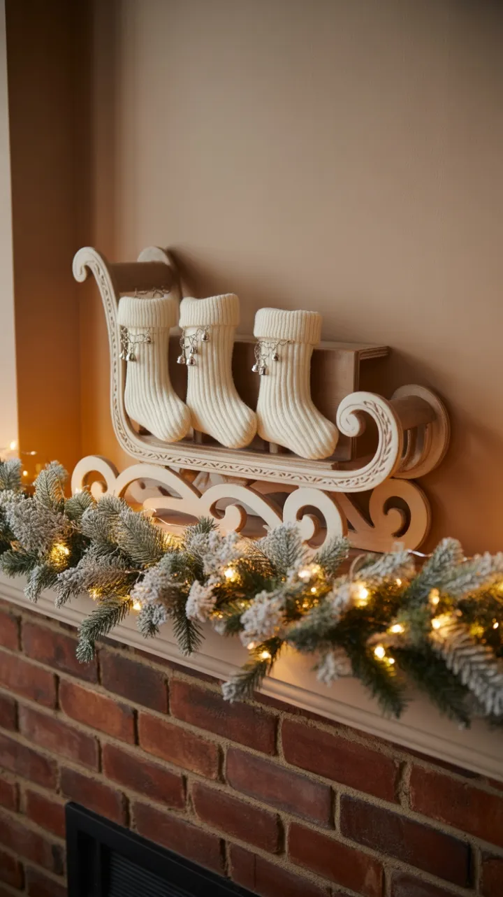 Mini Sleigh and Frosted Garland Illuminate a Cozy Mantel