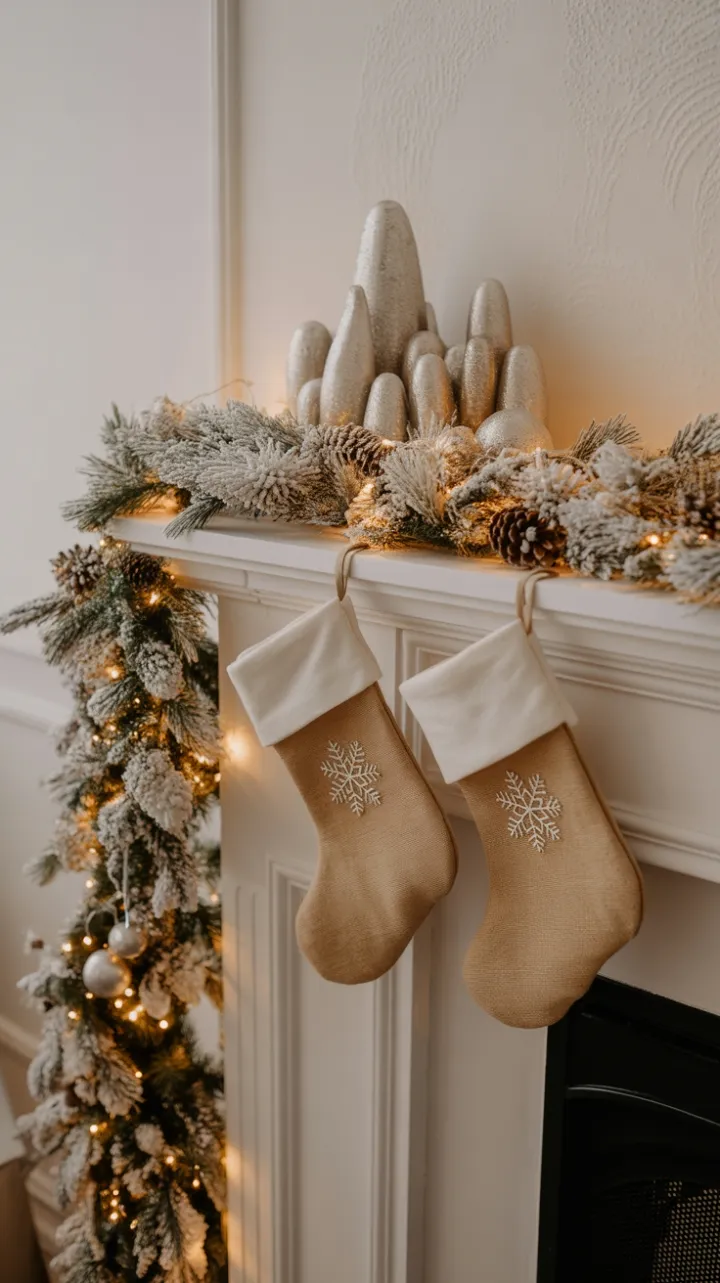 Frosted Minimalist Mantel With Burlap Stockings and Silver Accents
