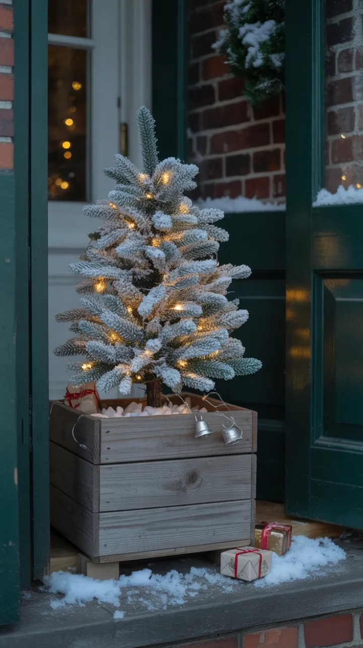 Miniature Flocked Spruce Warming a Snowy Green Doorstep