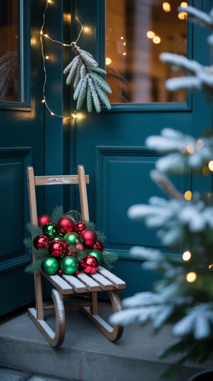Snow‑Kissed Sled of Ornaments at a Teal Door