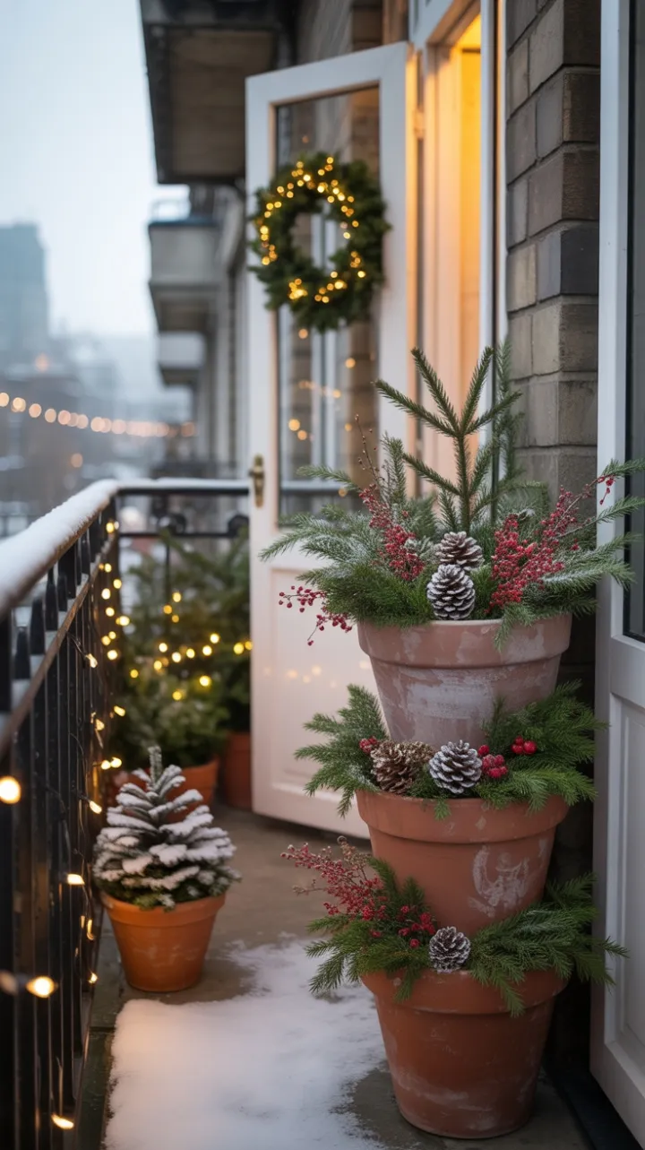 Terracotta Tiers and Twinkling Lights on a Miniature Christmas Balcony