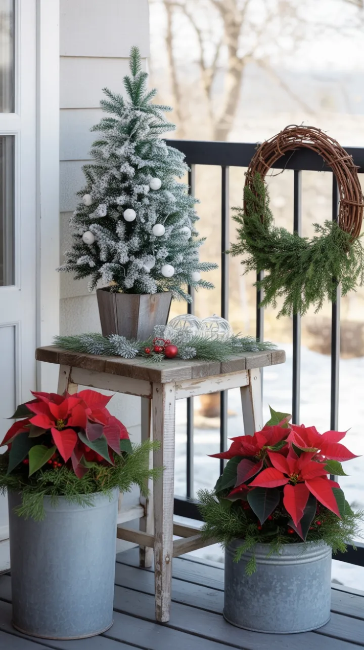 Frosted Evergreens and Poinsettia Porch Charm