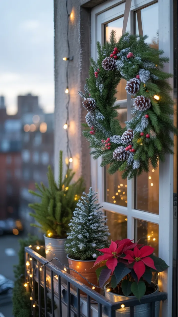 Miniature Balcony Porch Dressed in Evergreen Berries and Warm Lights