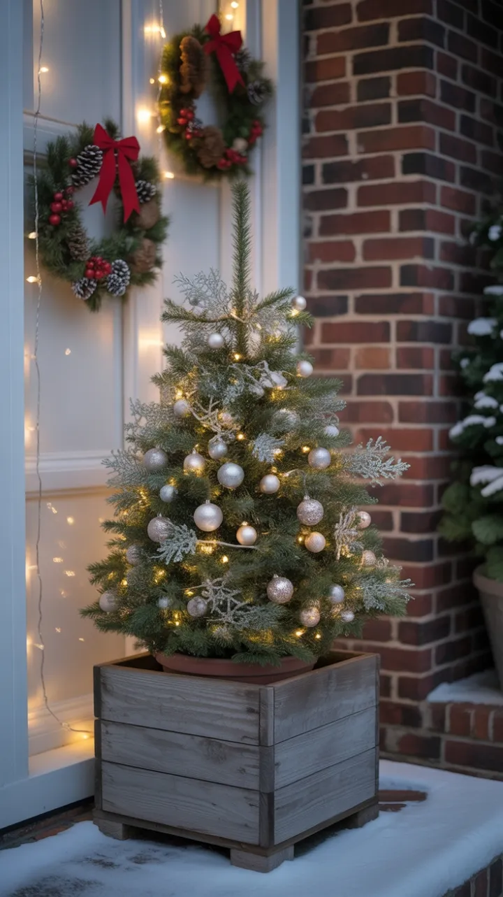 Snow-Dusted Porch with Twinkling Lights and Mini Evergreen