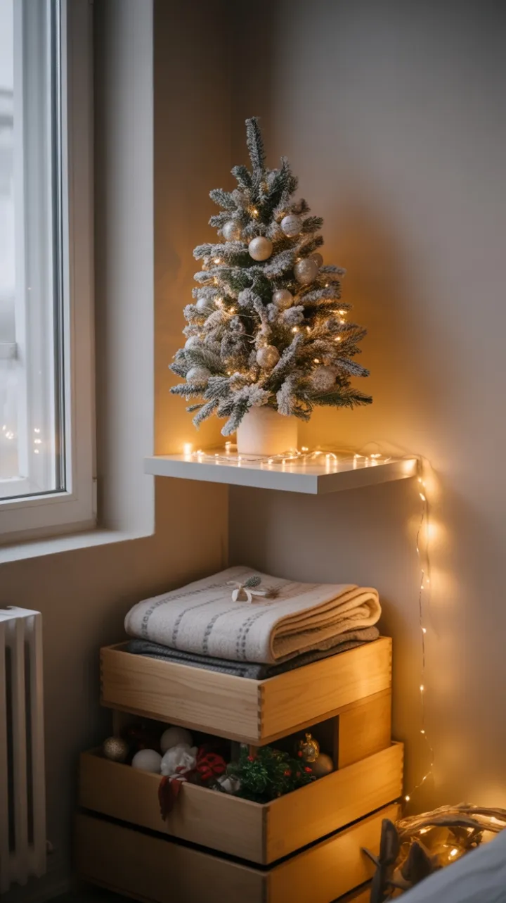 Compact Holiday Calm with Flocked Tree and Clever Storage