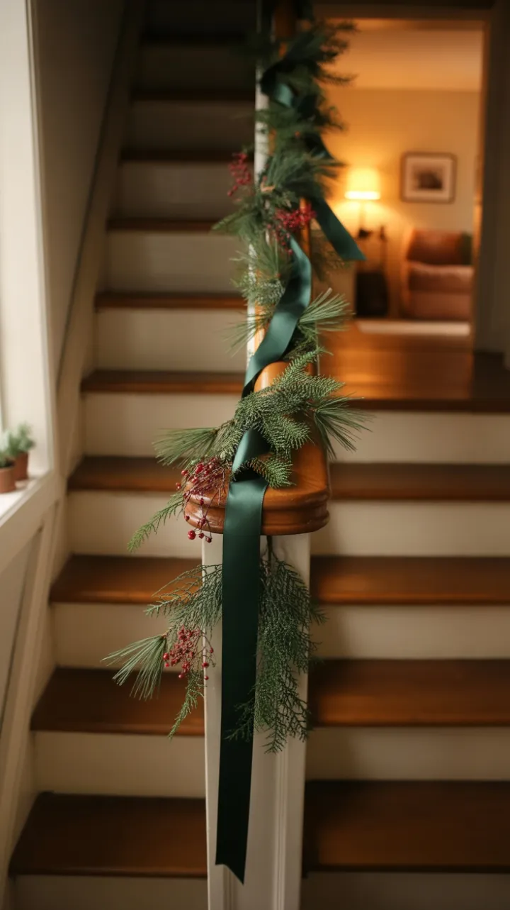 Forest-Trimmed Staircase in Soft Holiday Light