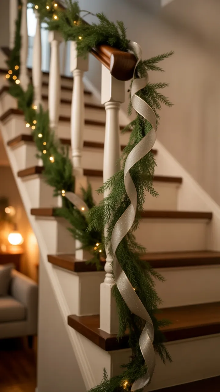 Silver-Ribboned Garland Winding Up a Cozy Stair