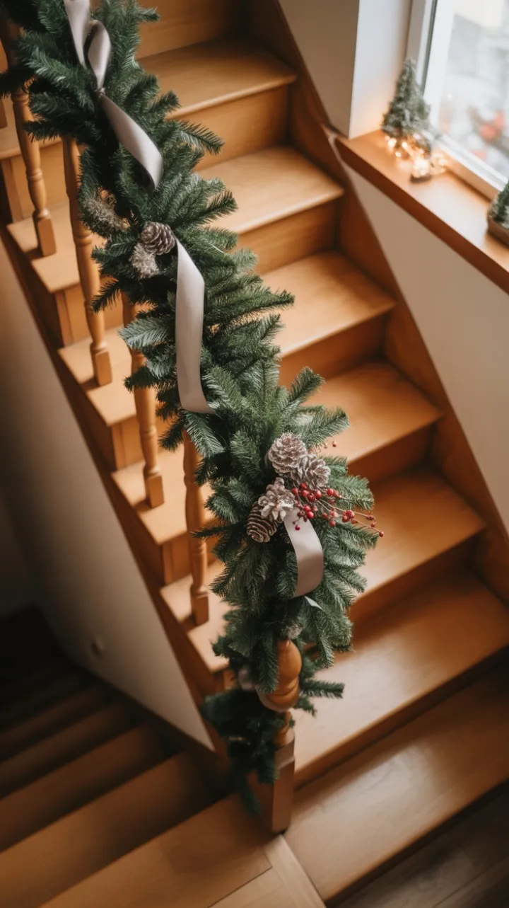 Sunlit Staircase Dressed in Timeless Holiday Green