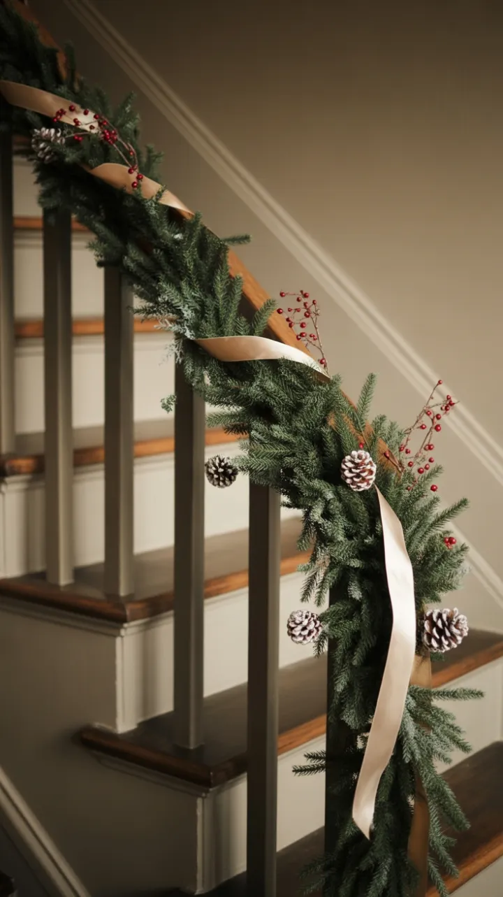Warm Minimalist Holiday With Dark Wood Cream Ribbon and Frosted Pinecones