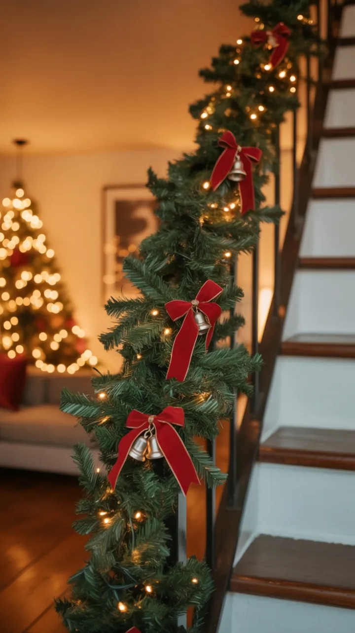 Emerald Garland and Velvet Bows Warm a Sleek White Staircase