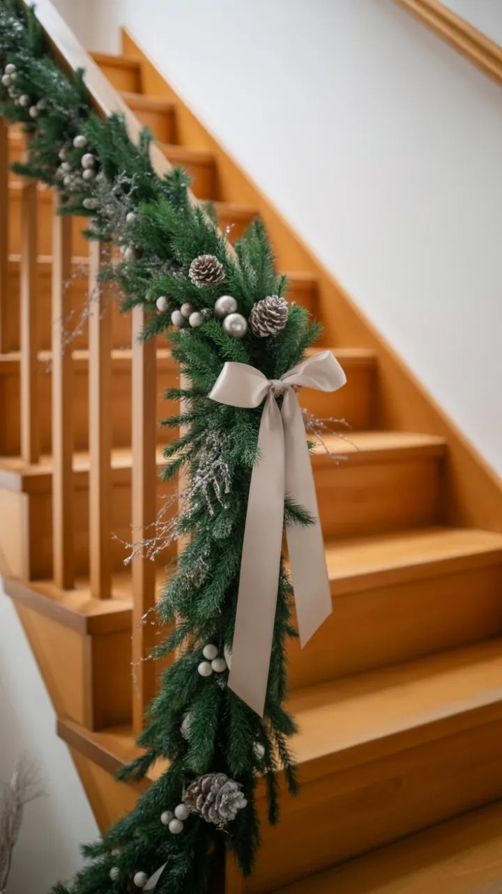 Honeywood Staircase Adorned in Pine and Frosted Silver