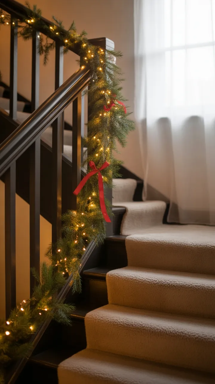 A Garlanded Staircase Bathed in Winter Glow