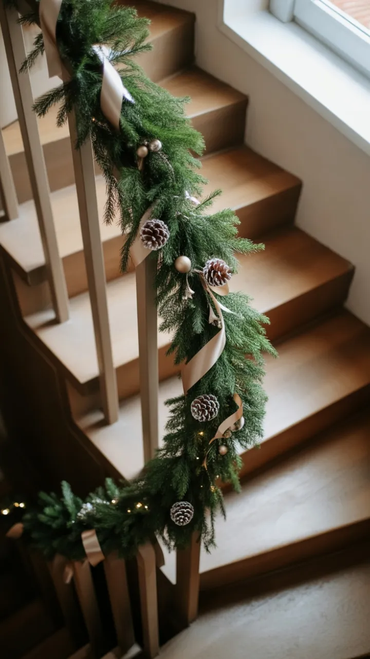 Emerald Garland on a Curving Staircase
