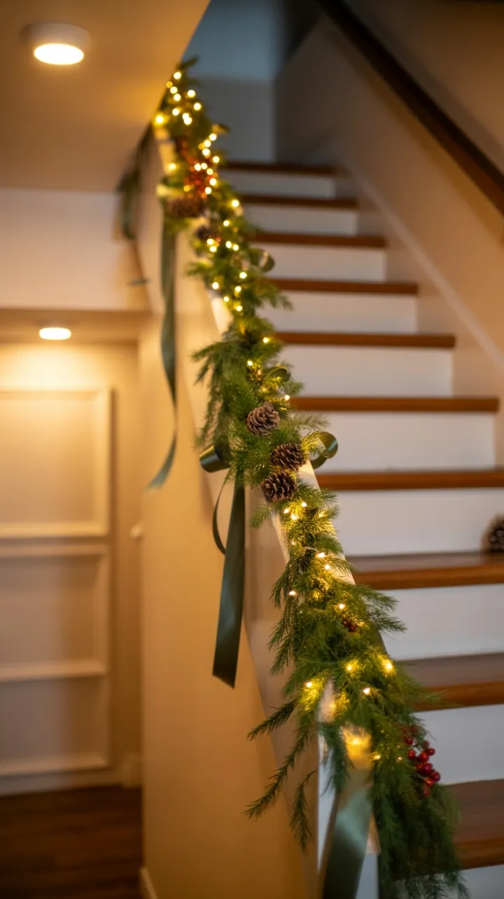 Forest-Trimmed Staircase Draped in Warm Holiday Glow