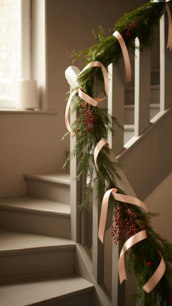 Satin Ribbons and Evergreens on a Cozy Holiday Staircase