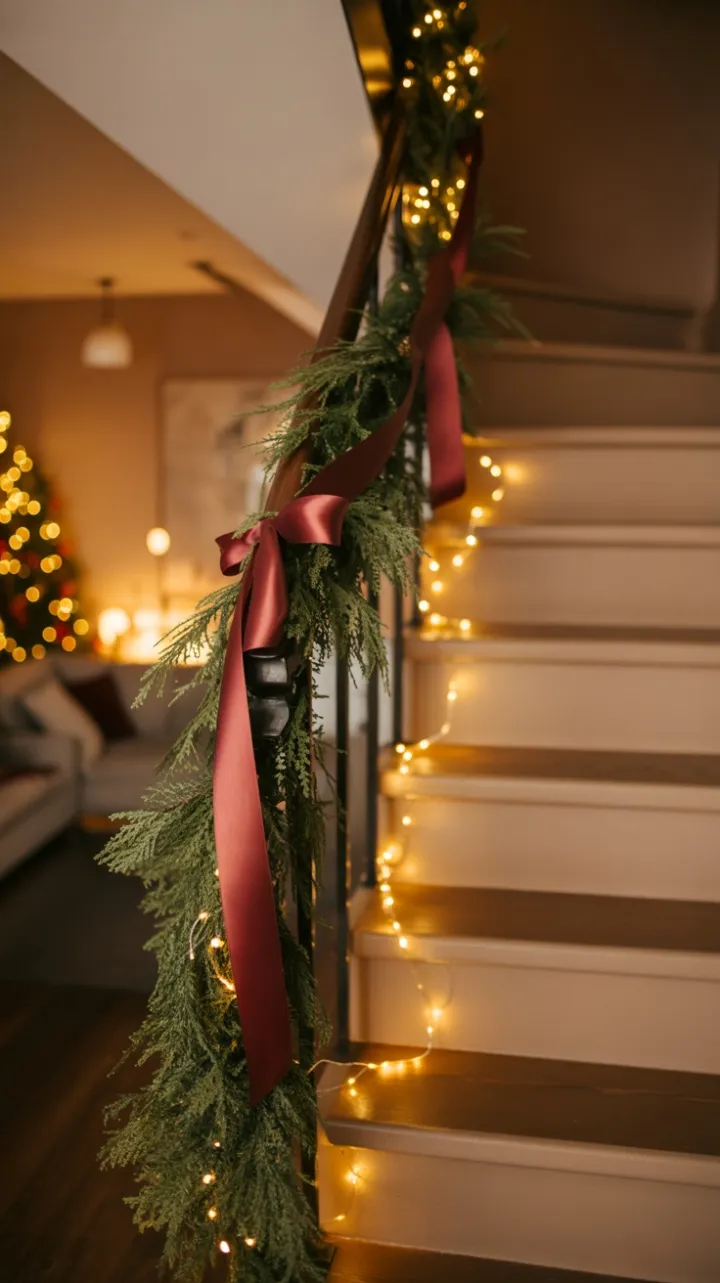 Burgundy Ribbon and Pine Garland Illuminate a Cozy Holiday Staircase