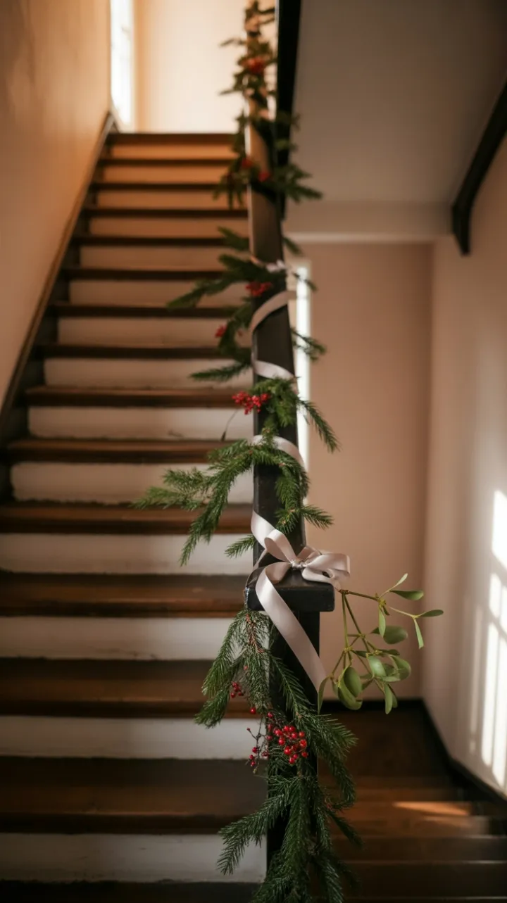 Silver Ribbon and Mistletoe on a Worn Wood Staircase