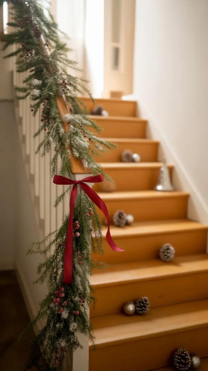 Crimson Ribbon and Frosted Berries on a Warm Oak Staircase