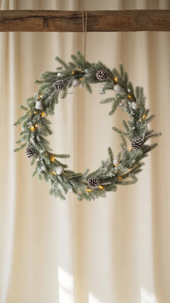 Snow‑Kissed Evergreen Wreath in a Quiet Holiday Glow