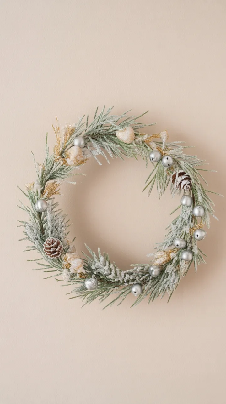 Frosted Pine and Silver Bell Wreath Holiday Card