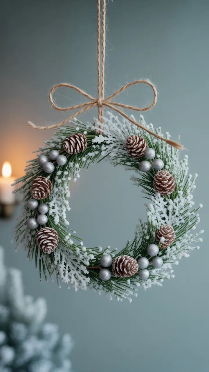 Snow-Kissed Evergreen Wreath Suspended on Gold Twine