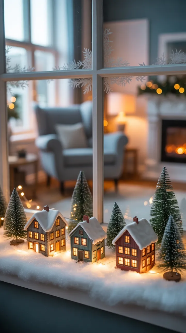 Snowbound Miniature Village Glowing on the Window Sill