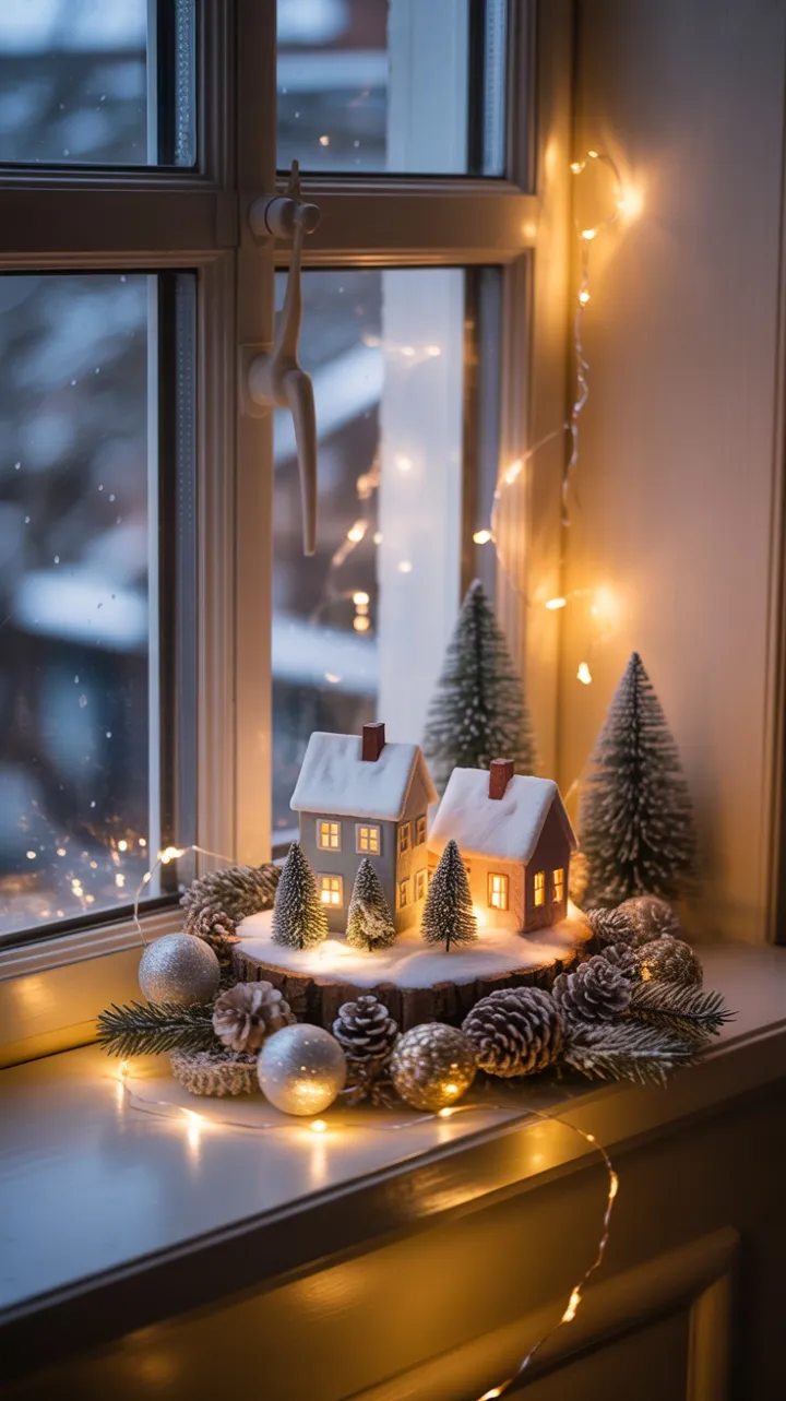 Frosted Miniature Village Aglow on a Cream Windowsill