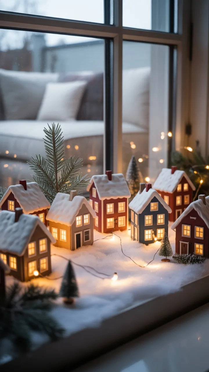 Miniature Holiday Village Framed in Winter Light