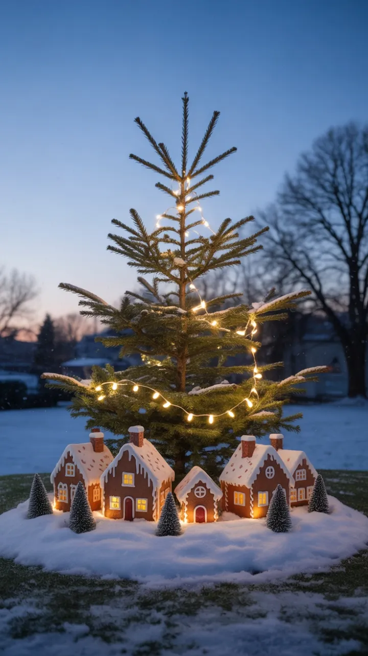 Miniature Gingerbread Village Nestled in a Snowlit Evergreen