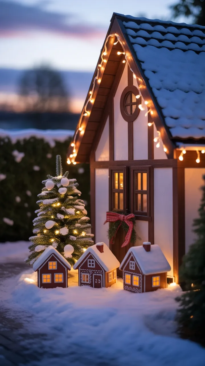 Gingerbread Village Aglow Under Twilight Lights