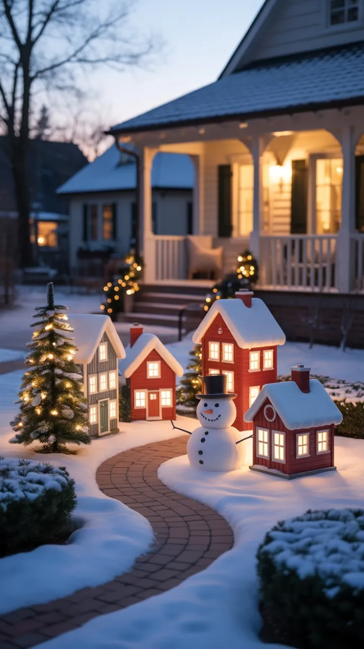 Twinkling Miniature Village on a Snowy Twilight