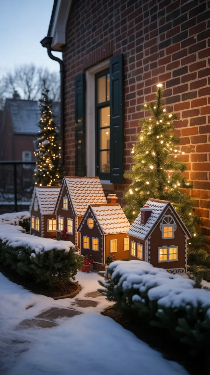 Twilight Gingerbread Village Against the Brick